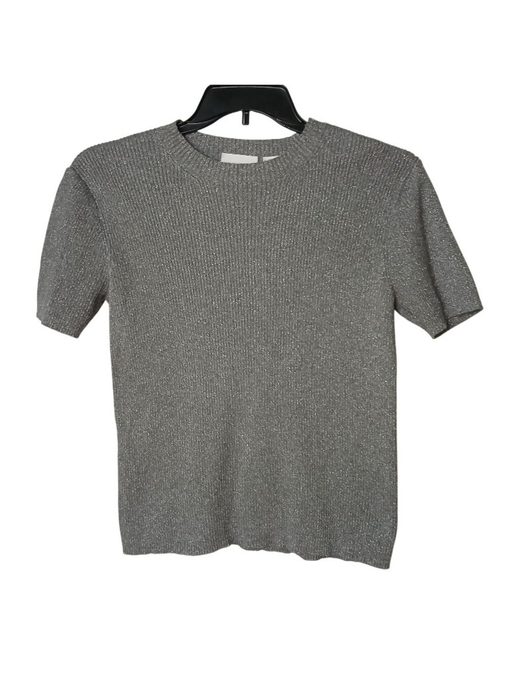 Liz Claiborne Lizsport Womens M Silver Metallic Short Sleeve Ribbed Knit Top D37